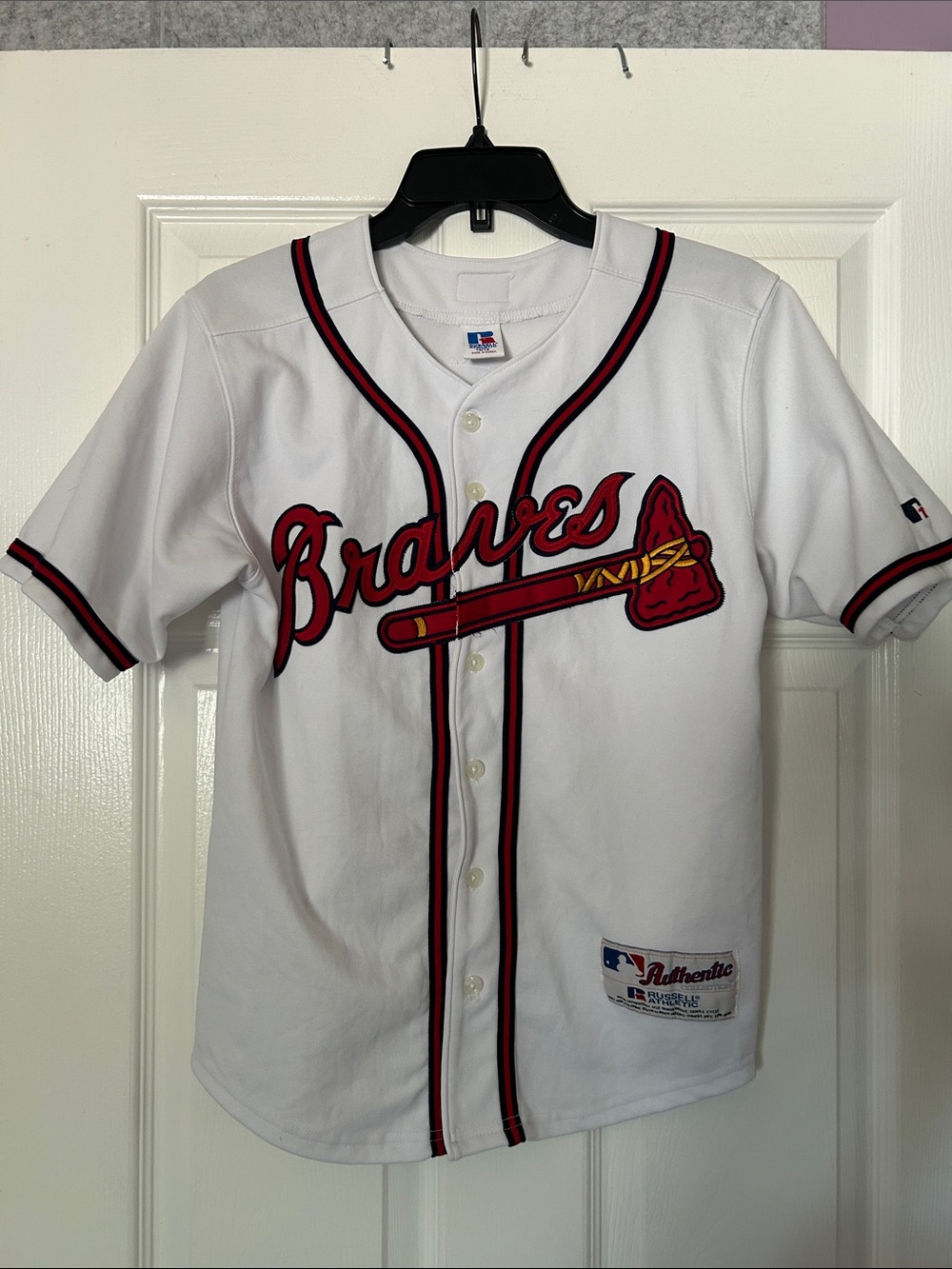 Atlanta Braves Russell Authentic Sheffield Jersey with Red and Navy Blue Trim